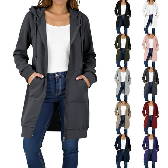 HONHUZH Women's Zip Up Hoodies Long Sleeve Long Tunic Sweatshirts Oversized Fleece Casual Fall Jacket Coat with Pocket