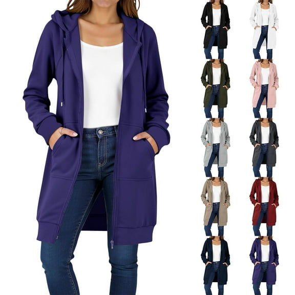 HONHUZH Women's Zip Up Hoodies Long Sleeve Long Tunic Sweatshirts Oversized Fleece Casual Fall Jacket Coat with Pocket