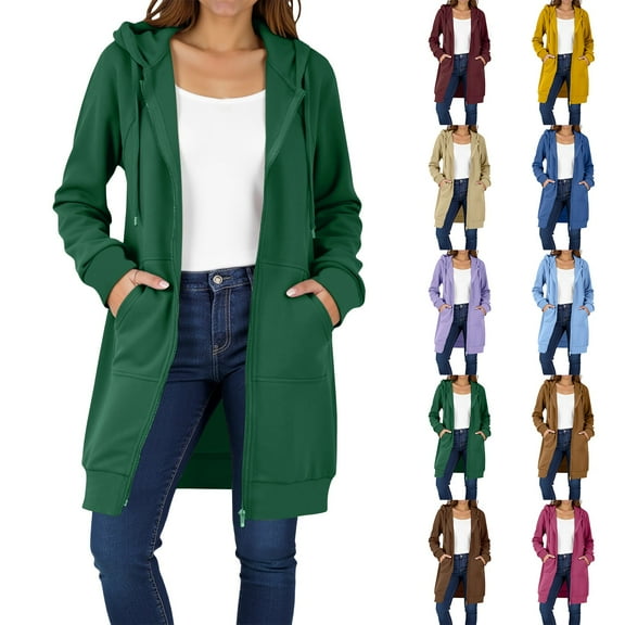 HONHUZH Women's Zip Up Hoodies Solid Color Jacket Thickening Fleece Jacket Winter Casual Zipper Long Sleeve Pocket Long Coat