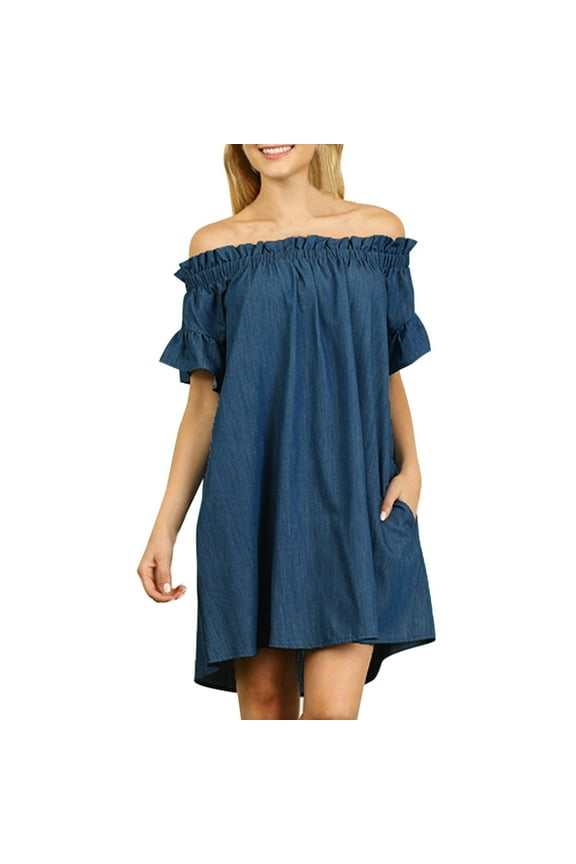 Womens Casual Dresses Summer Plus Size Dress Off Shoulder Denim Dress with Pocket
