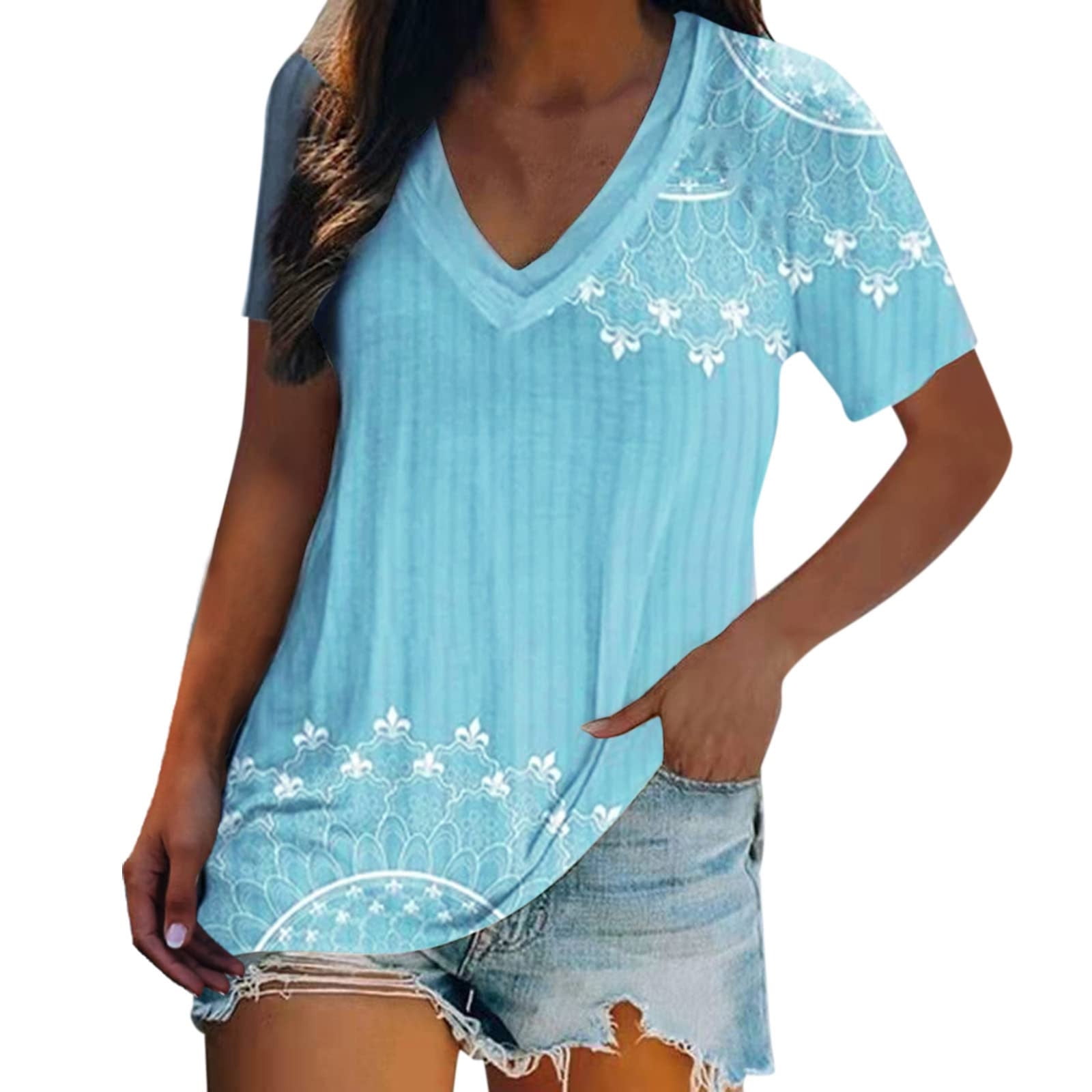 Women's 3/4 Sleeve V-Neck T-Shirt Summer Casual Solid Color