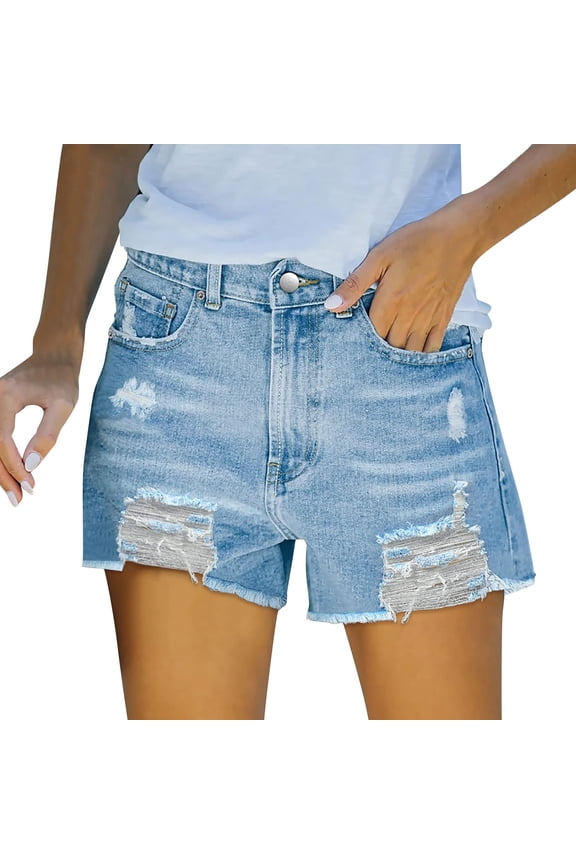 Womens Summer Shorts Trendy Mid Rise Ripped Stretchy Jeans Shorts Summer Frayed Raw Hem Casual Denim Shorts