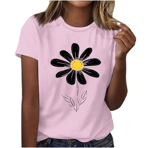 HONHUZH Womens Summer Tops Daisy Printed Crew Neck Casual T-shirt Short Sleeve Crew Neck Top