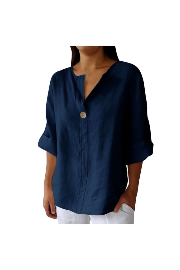 Womens Summer Tops Half Button V Neck Leisure 3/4 Sleeve Cotton and Linen Solid Color Boho Blouse