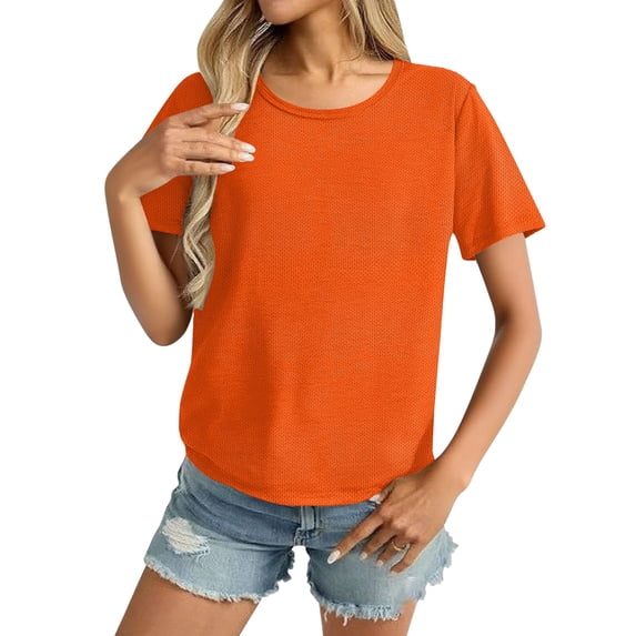 HONHUZH Womens Summer Tops Plus Size Crew Neck Tees Tops Solid Color Classic Fit Casual T-Shirt