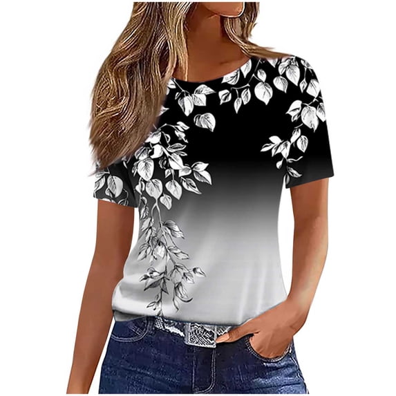 HONHUZH Womens Summer Tops Short Sleeve Crew Neck Top Leaves Graphic T Shirts Going Out Casual Trendy 2026