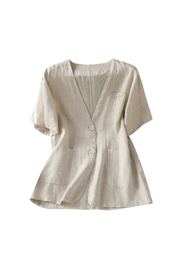Womens Summer Tops Solid Color Cotton Linen Blouse Short Sleeve V Neck Deep V Neck Button Up Cardigan