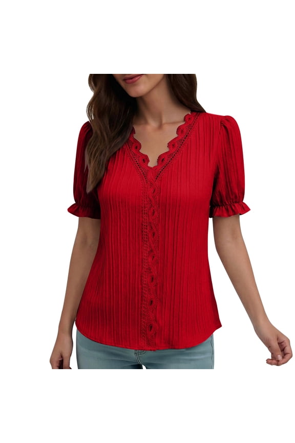 Womens Summer Tops Stylish Plus Size Ruffle Puff Sleeve Lace Neck Short Sleeve Solid Casual T-shirt Blouse
