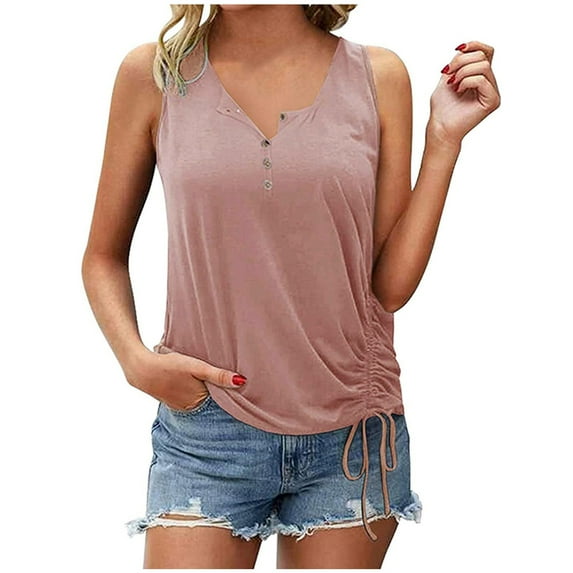 HONHUZH Womens Tops,Women's Summer O-Neck Casual Solid Button Tank Tops Sleeveless Blouse