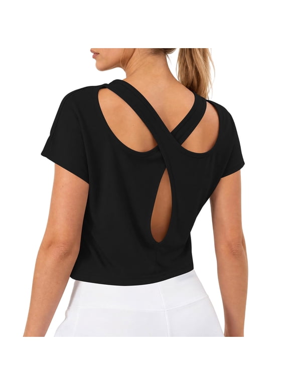 Workout Tops for Women Open Back Casual Short Sleeve Workout Shirts Y2k Crop Athletic Gym Yoga Running Tees