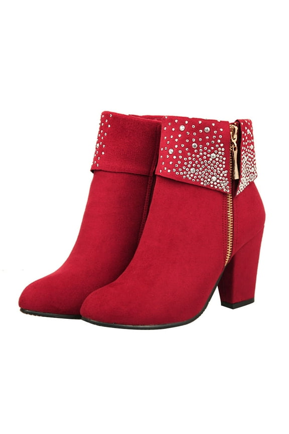 1 Pair Red Women Boots Ankle With High Heel And Side Zipper Pu And Rubber Material Elegant Style