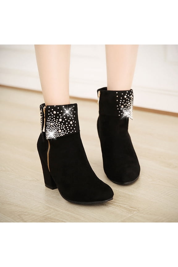 1 Pair Short Bootie Black Pu Rubber High Heel Side Zipper Comfortable For Women Work Banquet