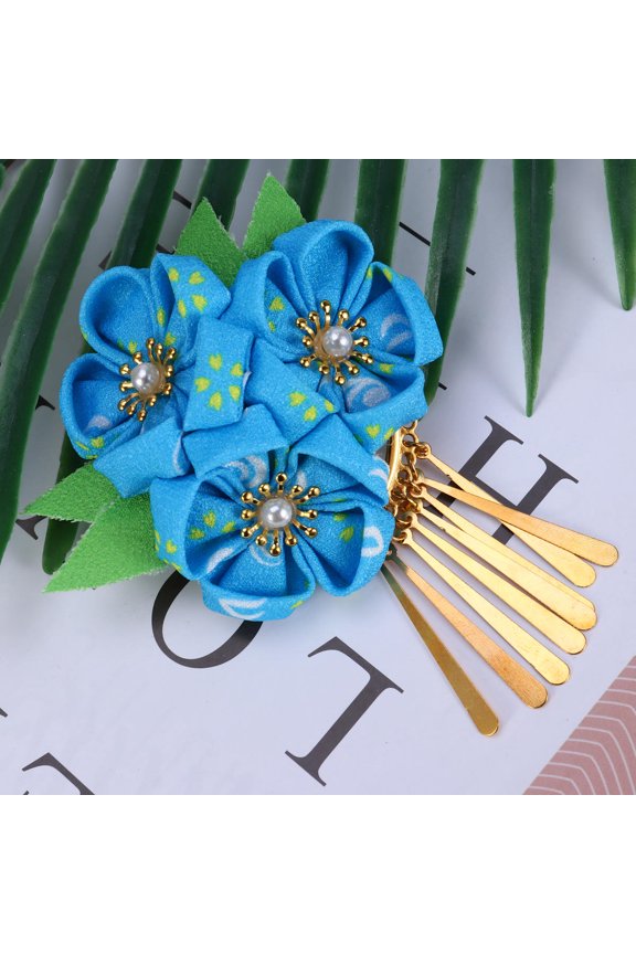 1Pack Blue Flower Tassel Hair Clip Japanese Style Kimono Accessories For Women