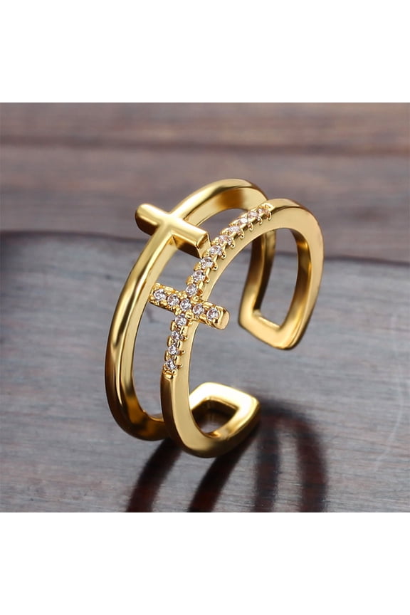 1Pack Western Rings for Women Golden Copper Cross Design Adjustable Religious Party Wear
