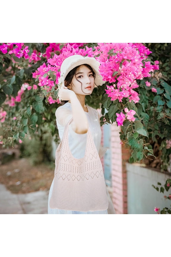 1Pcs Square Tote Bag in White Polyester for Women Lightweight and Storage 15.7x12.6x0.8in