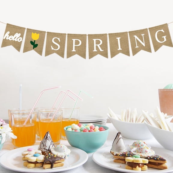 HONITANO 1Set Khaki Linen Hello Spring Banner Triangular Flags for Party Festival Celebration