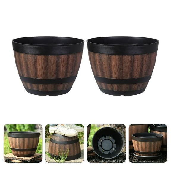 HONITANO 2Pcs Barrel Planters in Coffee Color Plastic and Resin for Indoor Plants Wooden Bucket Modeling