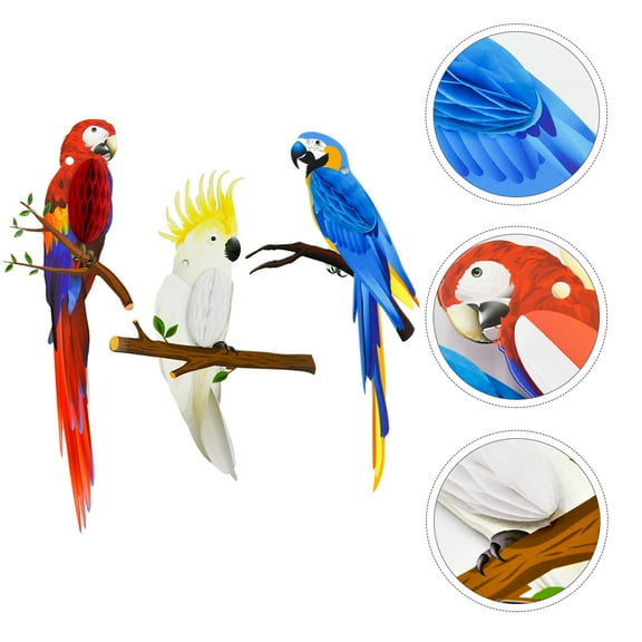 HONITANO 3Pcs Tropical Bird Decorations for Party Bright Color Paper with Protective Coating Honeycomb Shape