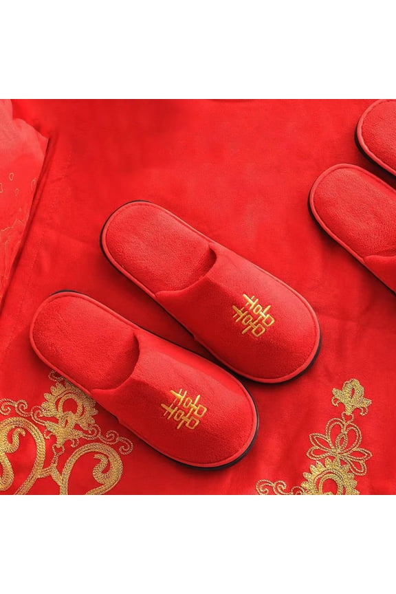 Red Coral Fleece Chinese Style Slippers, 1 Pair Non- Indoor Shoes for Wedding, Home, and Cozy Comfort