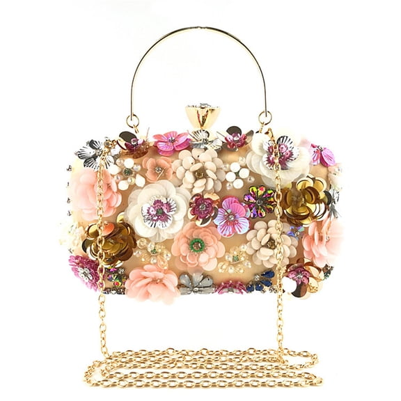 HONJINTIN Multicolored 3D Flowers Clutch Handbag Gold,Women Evening Clutch Purses for Weddings,Partys,Prom,Small Floral Purses with Chain