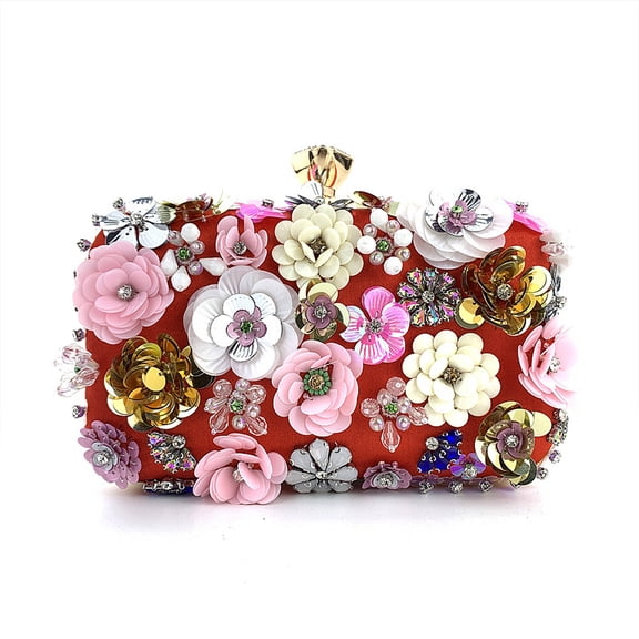 HONJINTIN Multicolored 3D Flowers Clutch Handbag Red,Women Evening Clutch Purses for Weddings,Partys,Prom,Small Floral Purses with Chain
