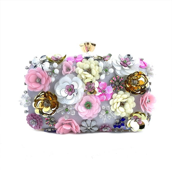 HONJINTIN Multicolored 3D Flowers Clutch Handbag Silver,Women Evening Clutch Purses for Weddings,Partys,Prom,Small Floral Purses with Chain
