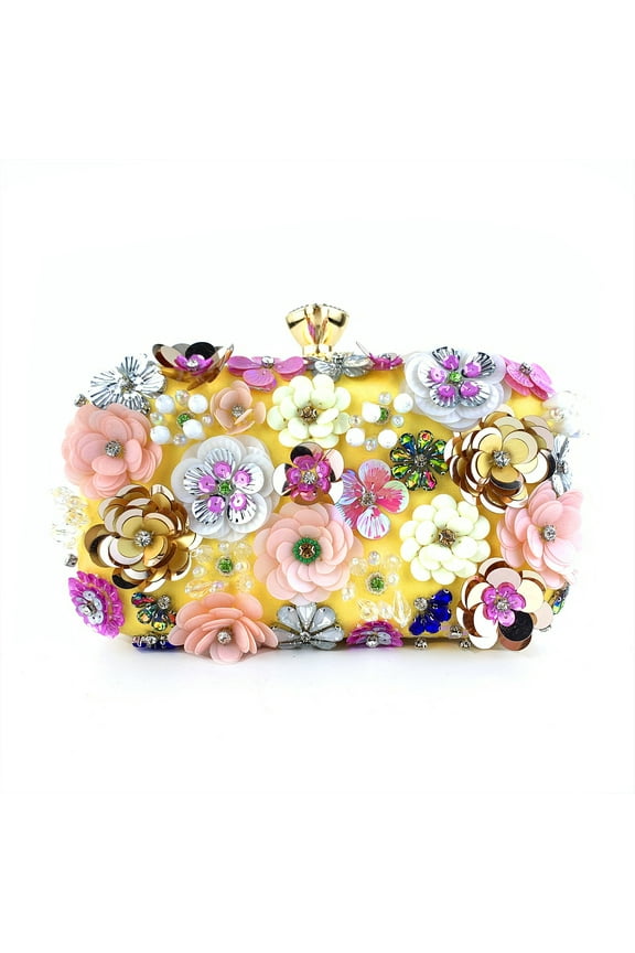 Multicolored 3D Flowers Clutch Handbag Yellow,Women Evening Clutch Purses for Weddings,Partys,Prom,Small Floral Purses with Chain