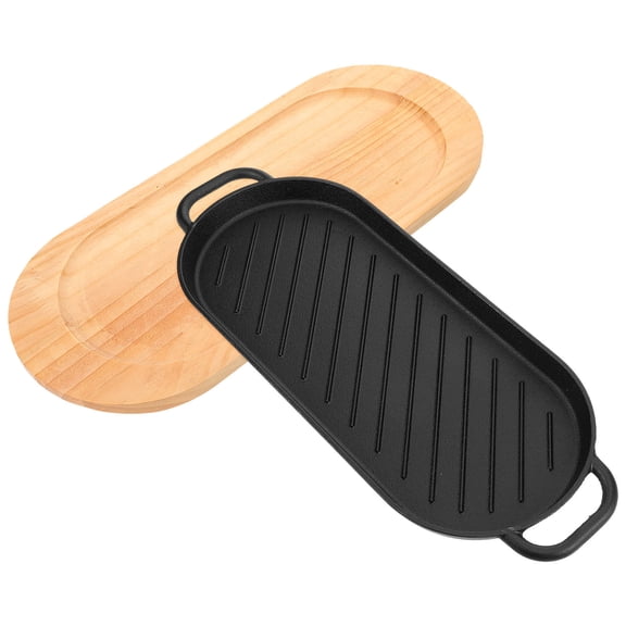 HONMEET Heavy-Duty Cast Iron Grill Pan with Wooden Serving Tray, Perfect Steak Plate for Home Cooking and Outdoor BBQ Grilling