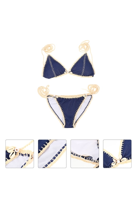 1 Set of 2Pcs Cute Bikinis for Women Multi Denim Lace Material Breathable Comfortable for Swimming Pool