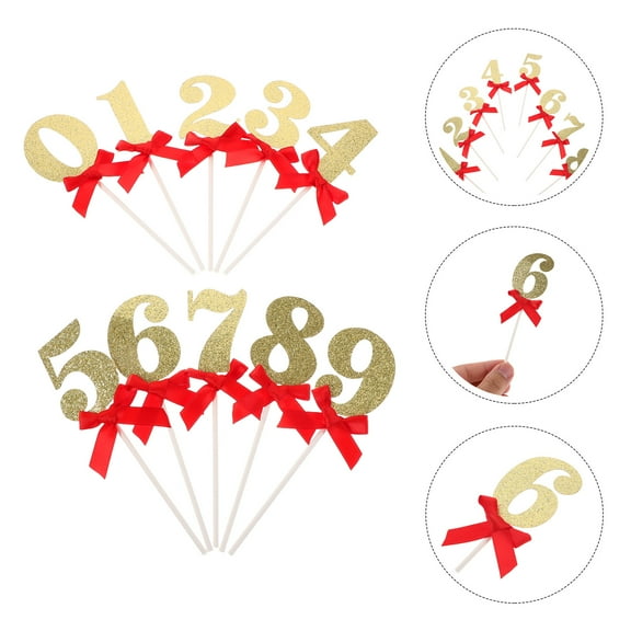 HONMEET 10Pcs Golden Birthday Cake Number Toppers Paper Inserts with Bows for Graduation Anniversary Party