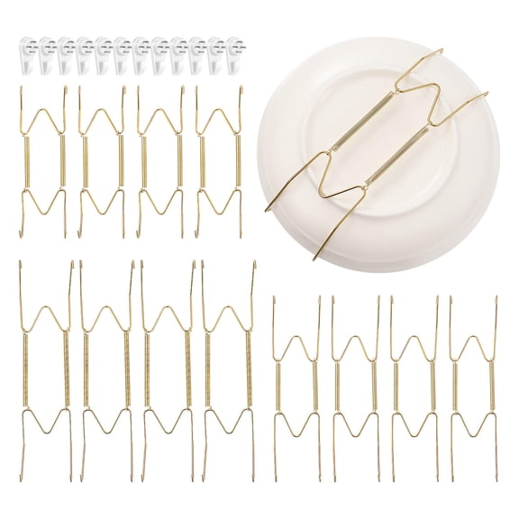 HONMEET 12-Pack Vertical Hanging Clamps, Golden W-Shaped Wall Display Holders for Photos, Plates, and Ornaments