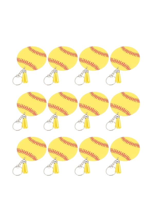 12Sets Yellow Acrylic Baseball Keychains with Tassel for Sports Fan Key Decoration