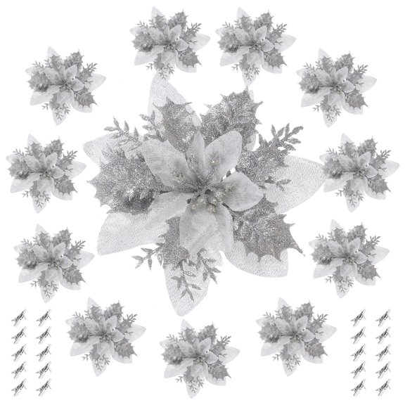 HONMEET 16Pcs Silver Glitter Poinsettia Flowers Three-Dimensional Layers Cloth Iron Decorative Christmas Celebration