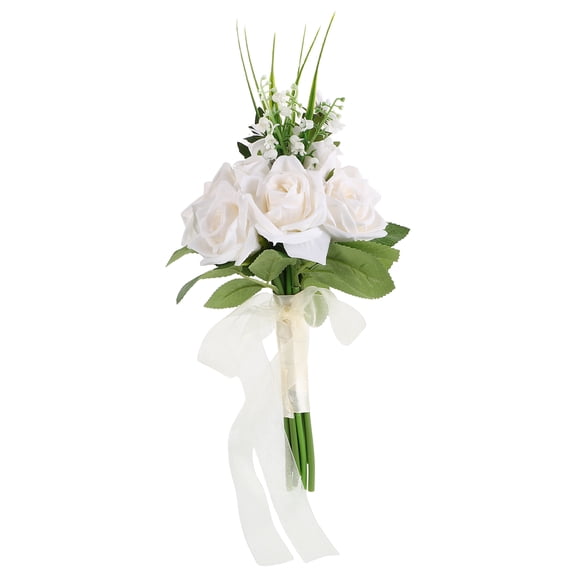 HONMEET 1Pack Artificial Rose Handheld Bouquet Multi-colored Round Plastic Ribbon for Bride Wedding