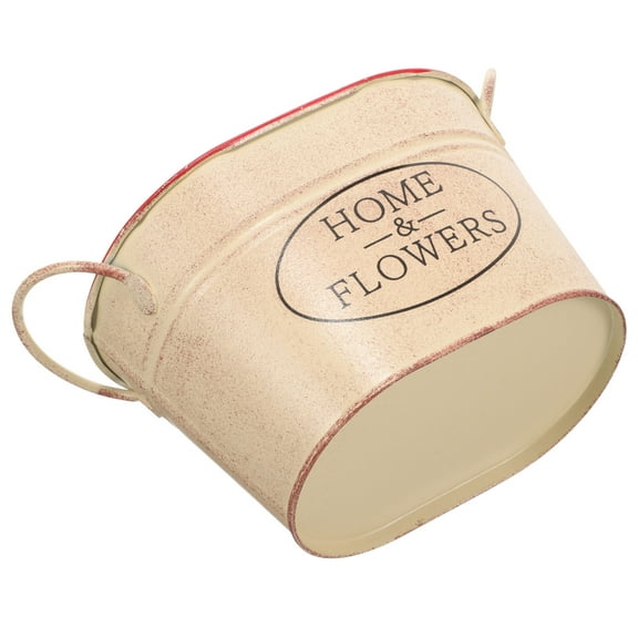 HONMEET Beige Oval Metal Flower Bucket Planter Pot for Home Decor, Indoor & Outdoor Use, 11.8x4.3x4.3 inches, 1-Pack