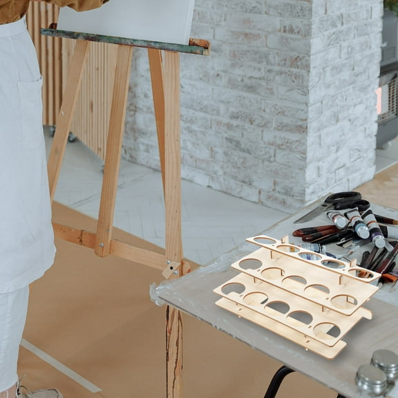 HONMEET Light Brown Wooden Paint Rack Storage Stand for Art Supplies Organizer with Multiple Slots for Brushes and Bottles