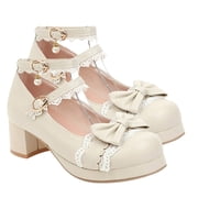 LITINKIMI Honmeet Beige Chunky Heel Lolita Shoes Bow Tie Comfortable Design for Female 1Pair