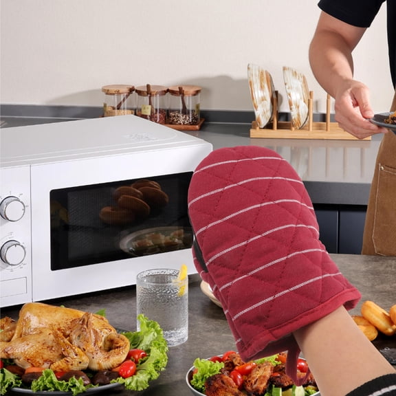 HONMEET 1 Pair Red Thick Cotton Oven Mitts for Kitchen Cooking, Baking, and Outdoor Grilling Gloves
