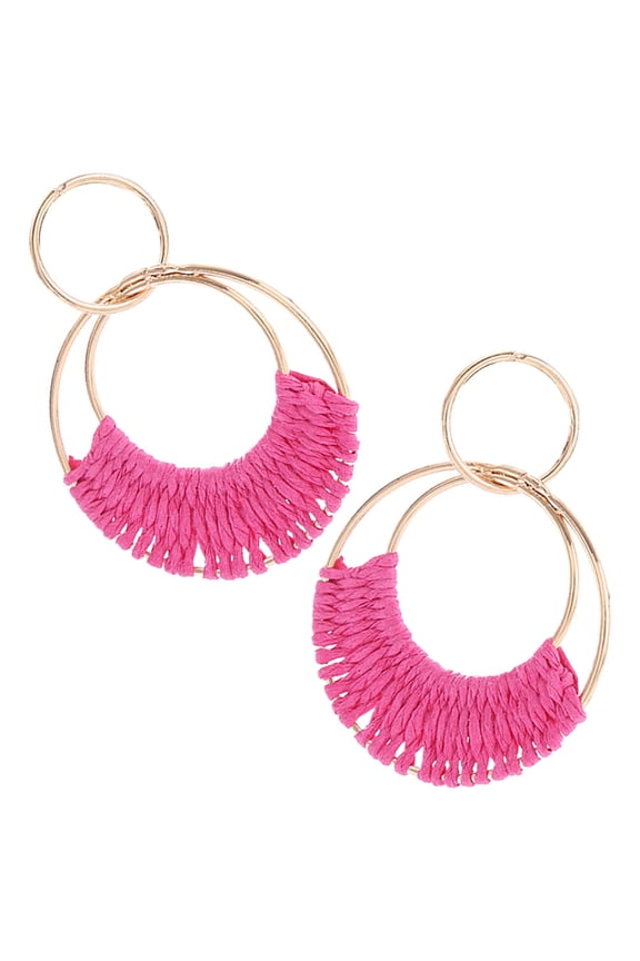 Lightweight Bohemian Raffia Hoop Earrings, Rosy Metal and Natural Raffia, Stylish 1 Pair for Women
