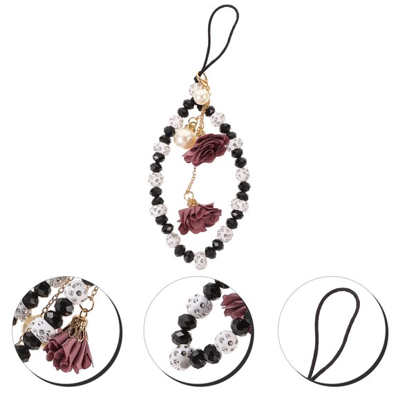 HONMEET 1Pc Black Crystal Flower Phone Strap Strong Wrist Lanyard for Hands Free Use