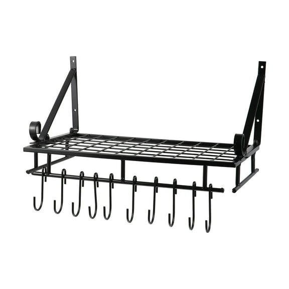 HONMEET Black Metal Wall Mounted Pot Rack with Hooks, Kitchen Storage Organizer Stand for Pots and Pans