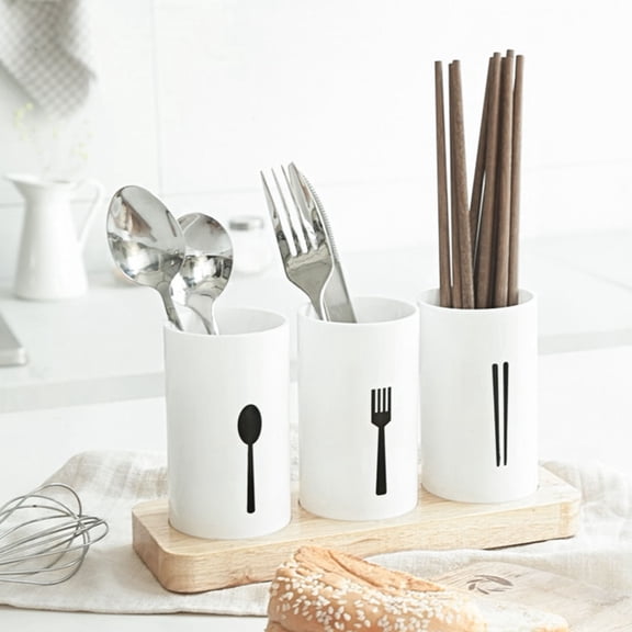HONMEET White Kitchen Utensil Holder with Oak Wood Base, Flatware Organizer and Draining Storage for Kitchen Countertop