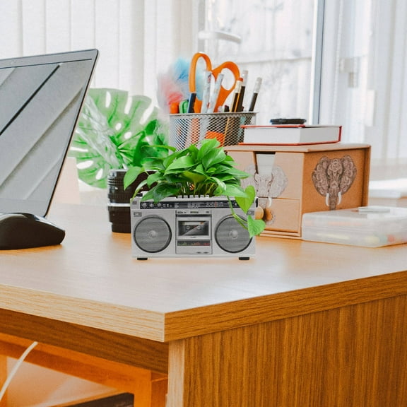 HONMEET Resin Tape Recorder Plant Pot Silver Adornment for Decor 1Pc