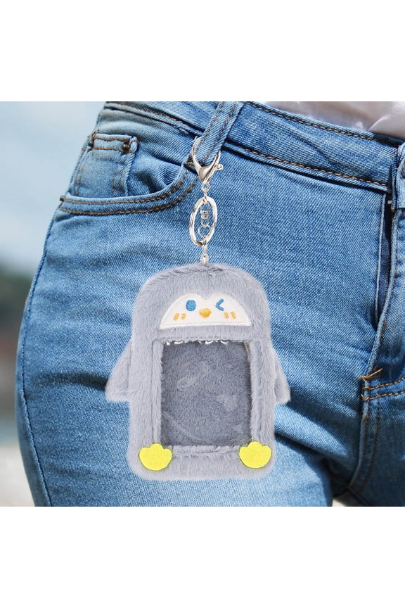 Grey Plush ID Card Holder with Cute Kawaii Cartoon Keychain, Storage Pocket for School, Office, Work, Daily Use, Employee Badge