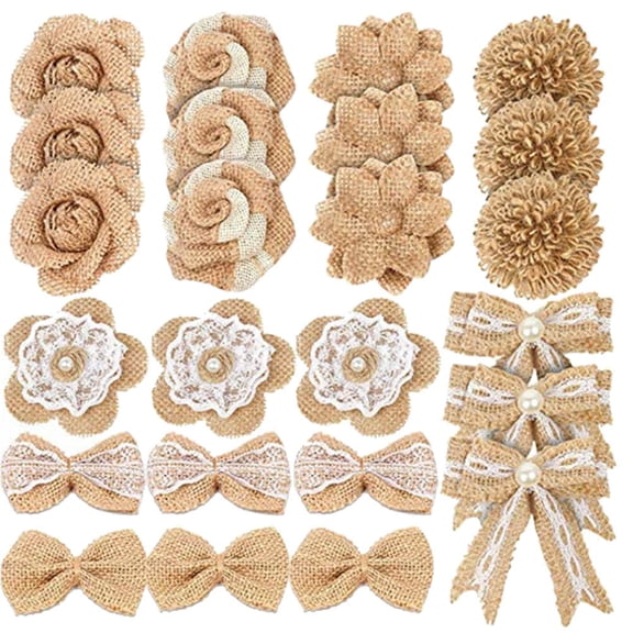 HONMEET 24Pcs Natural Jute Flower Decorative Bows in Light Brown for Wedding and Party Decor