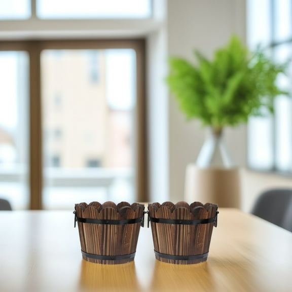 HONMEET 2Pcs Brown Cedar Wood Flower Pot Barrel Shape Indoor Gardening Drainage