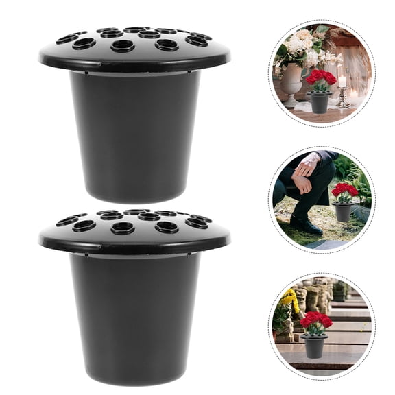 HONMEET 2Pcs Memorial Vase Insert Black Plastic Floral Holder with 16 Holes for Cemetery Grave Markers