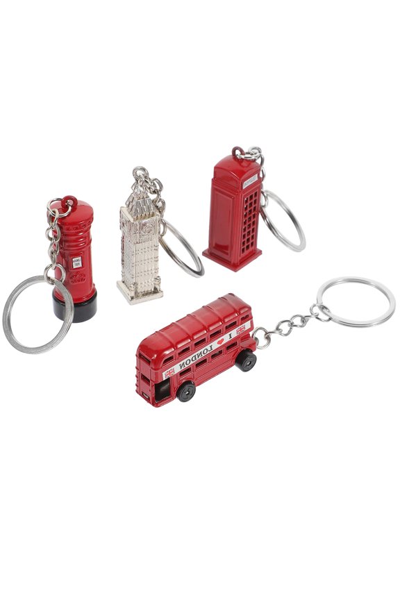 4-Piece Metal Keychain Set with Vintage Red Bus, Mailbox, and Telephone Booth Charms