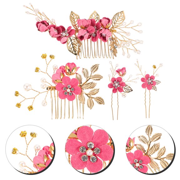 HONMEET 4Pcs Wedding Hair Comb Set Rosy Color Floral Design for Bride and Bridesmaids