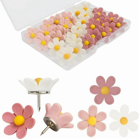 TABLZONE 50Pcs Assorted Color Flower Push Pins for Memo Boards and Cubicle Accessories